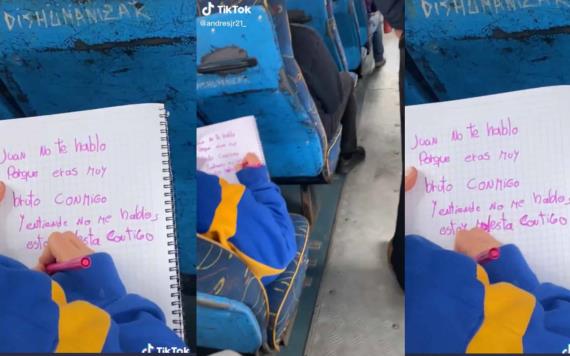 Niña escribe carta de desamor en transporte público