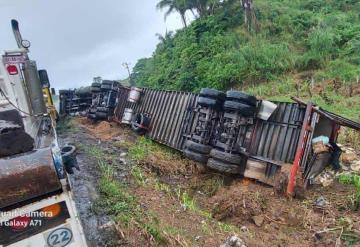 Tráiler cargado de plátano verde termina fuera de la cinta asfáltica en Macuspana