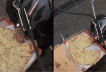 ¿Tenía hambre? Repartidor es captado comiendo rebanada de pizza; la acomoda para que cliente no lo note