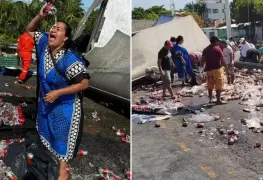 Mujer se baña en cerveza tras volcadura de camión en Campeche y se viraliza: una lavadita y pa la fiesta