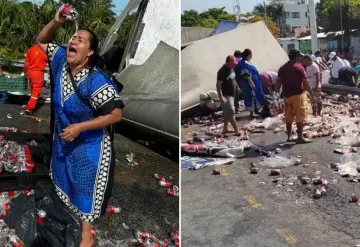 Mujer se baña en cerveza tras volcadura de camión en Campeche y se viraliza: una lavadita y pa la fiesta