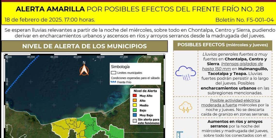 Frente Frío Número 28 dejará lluvias significativas en Tabasco, principalmente en Chontalpa y Sierra