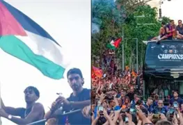 Lamine Yamal ondea bandera de Palestina en celebraci&oacute;n del Barcelona