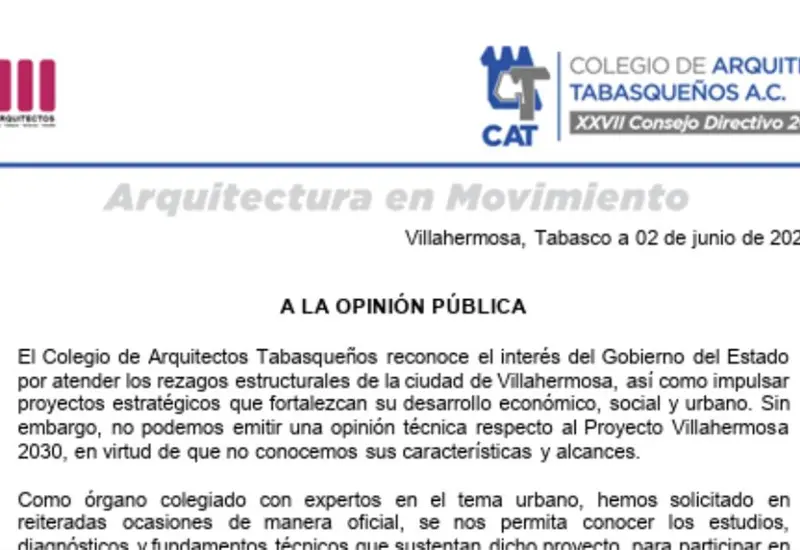 Importancia del Colegio de Arquitectos Tabasque&ntilde;os en el Proyecto Villahermosa 2030