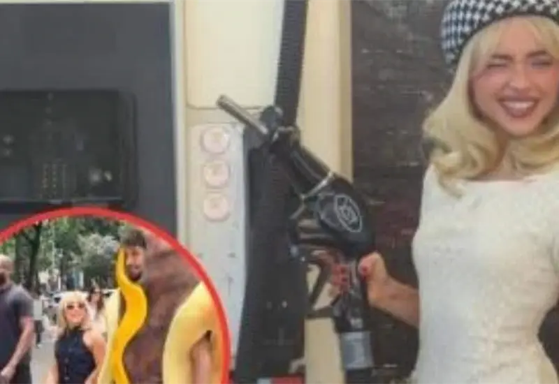 Actor con disfraz de hot dog acompa&ntilde;a a joven confundida con Sabrina Carpenter